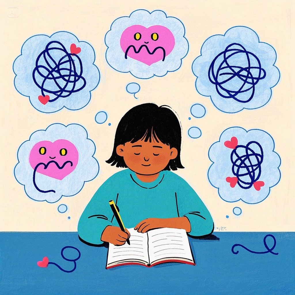 아이가 일기를 쓰며 복잡한 감정을 정리하는 모습