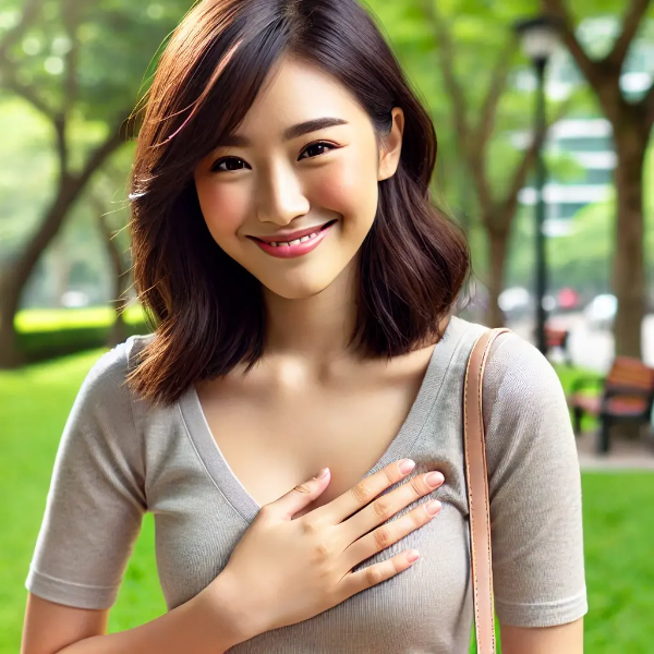 공원에서 오른쪽 복부를 가볍게 터치하며 환하게 웃는 동양인 여성