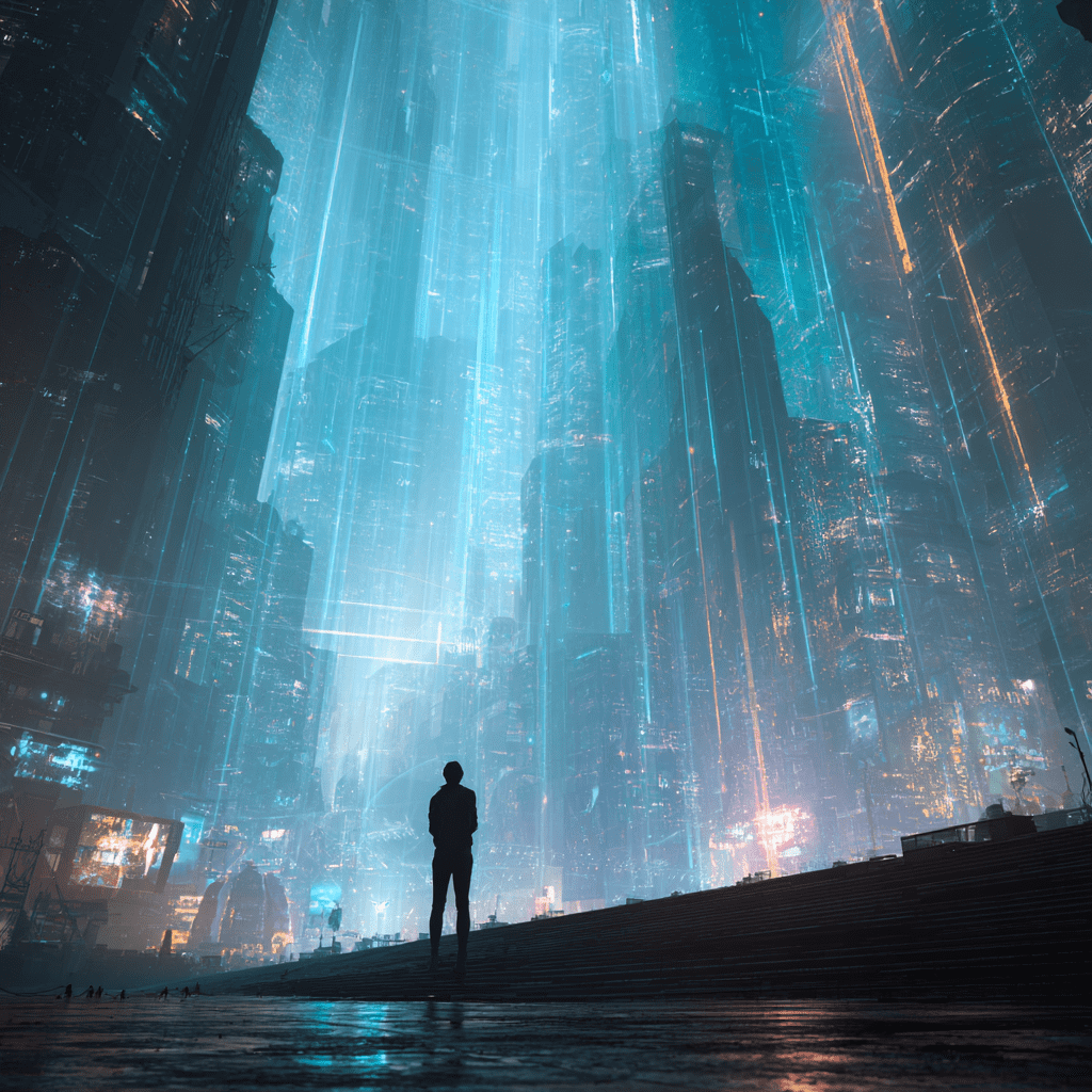AI가 지배하는 미래 도시를 바라보며 고뇌하는 한 사람의 모습