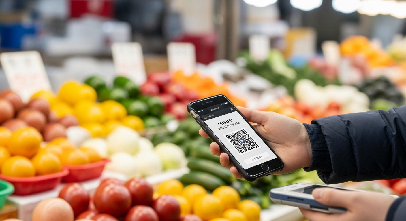 A realistic photo of a Korean traditional market (Jeongtong Sijang) scene where a hand is paying with a mobile phone displaying a digital Onnuri Gift Certificate QR code at a bustling produce stall. The stall is filled with colorful, fresh vegetables and fruits. The background should be slightly blurred to focus on the transaction and the mobile screen, clearly communicating the modern use of the gift certificate. The lighting should be bright and inviting."