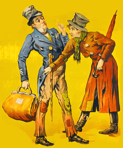 찢어지고 남루한 정장을 입은 19세기 남자 둘이 눈짓을 교환한다. 한 남자는 파란색, 다른 남자는 갈색 정장을 입은 거지다.