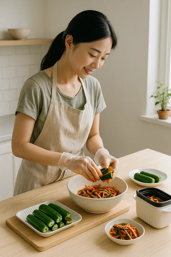 주방에서 오이소박이를 만드는 여성의 모습