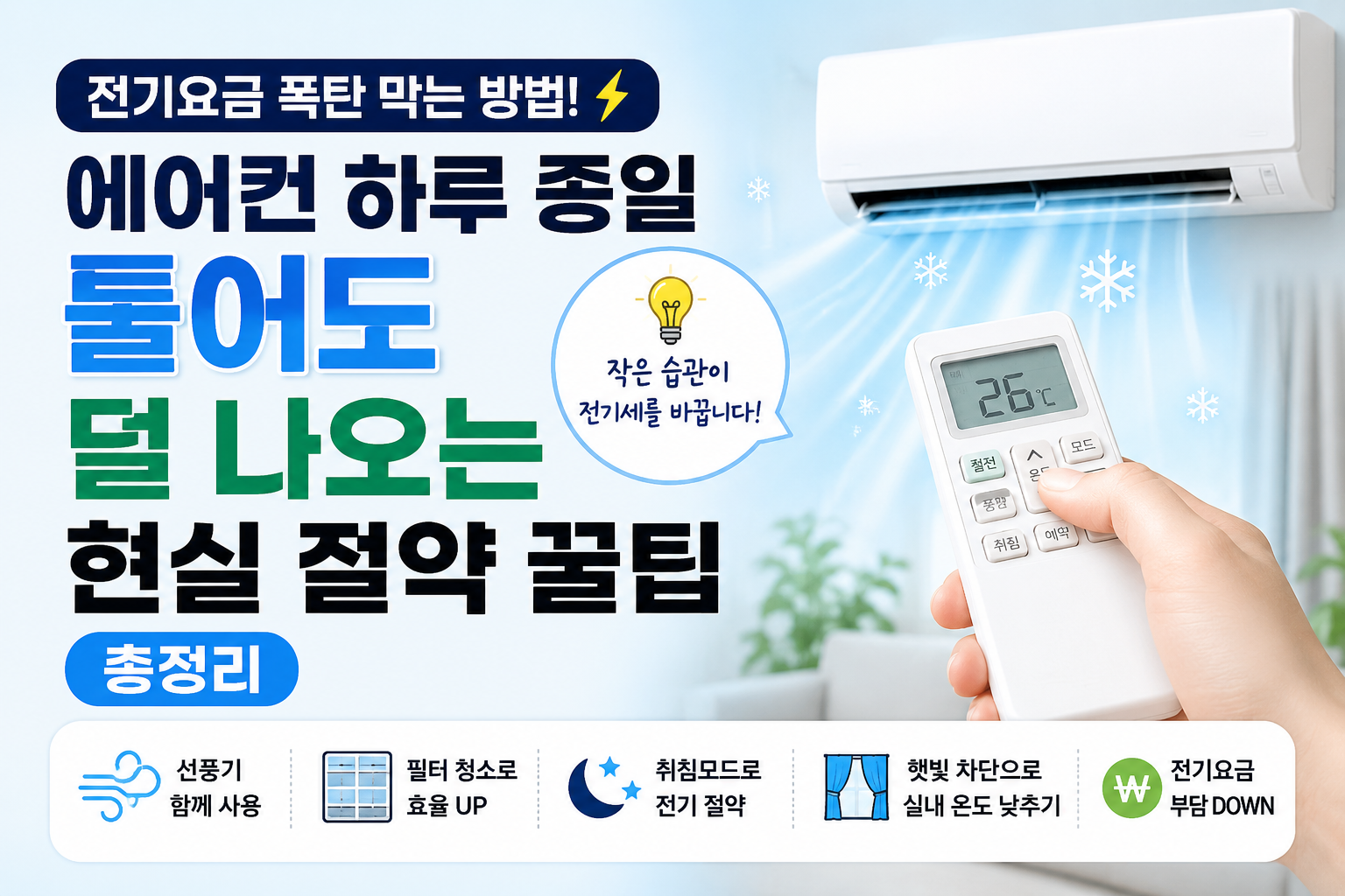 에어컨 리모컨을 들고 있는 손과 시원한 냉방 화면이 함께 보이는 여름 전기요금 절약 정보 썸네일 이미지