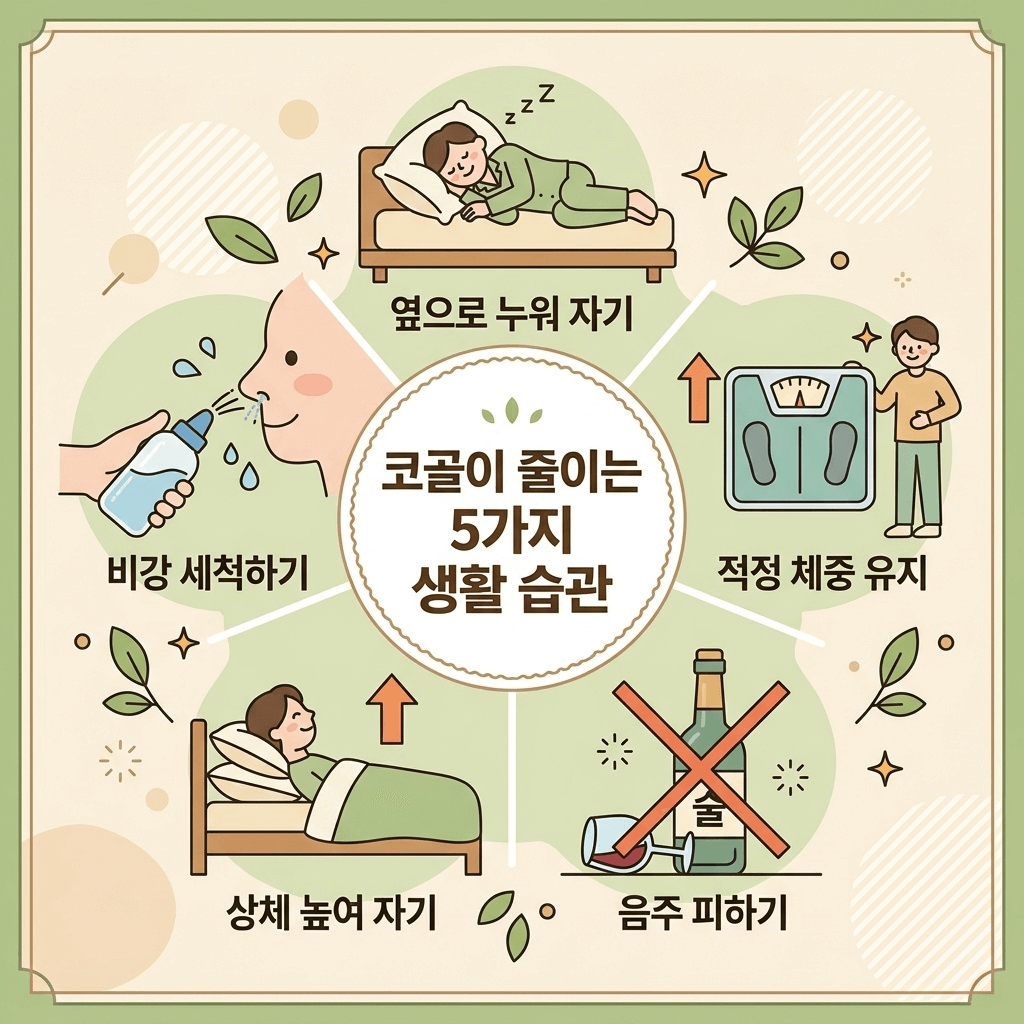 코골이 줄이는 생활습관 5가지 일러스트