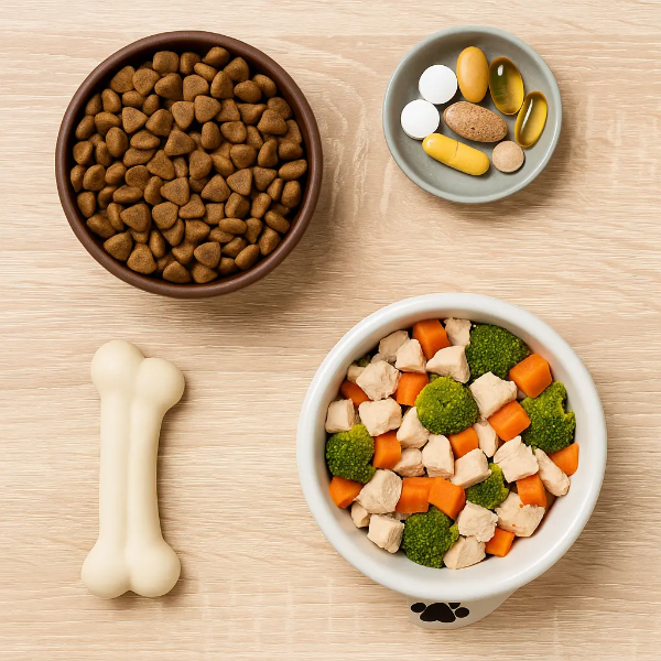 사료, 영양제, 건강식(닭고기와 야채) 등이 나무 테이블 위에 정갈하게 구성된 강아지 영양 구성을 보여주는 정물 이미지, 텍스트 없음
