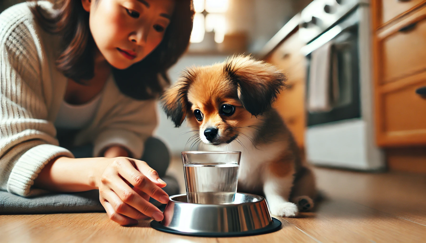 물을 마시지 않는 강아지를 바라보는 보호자