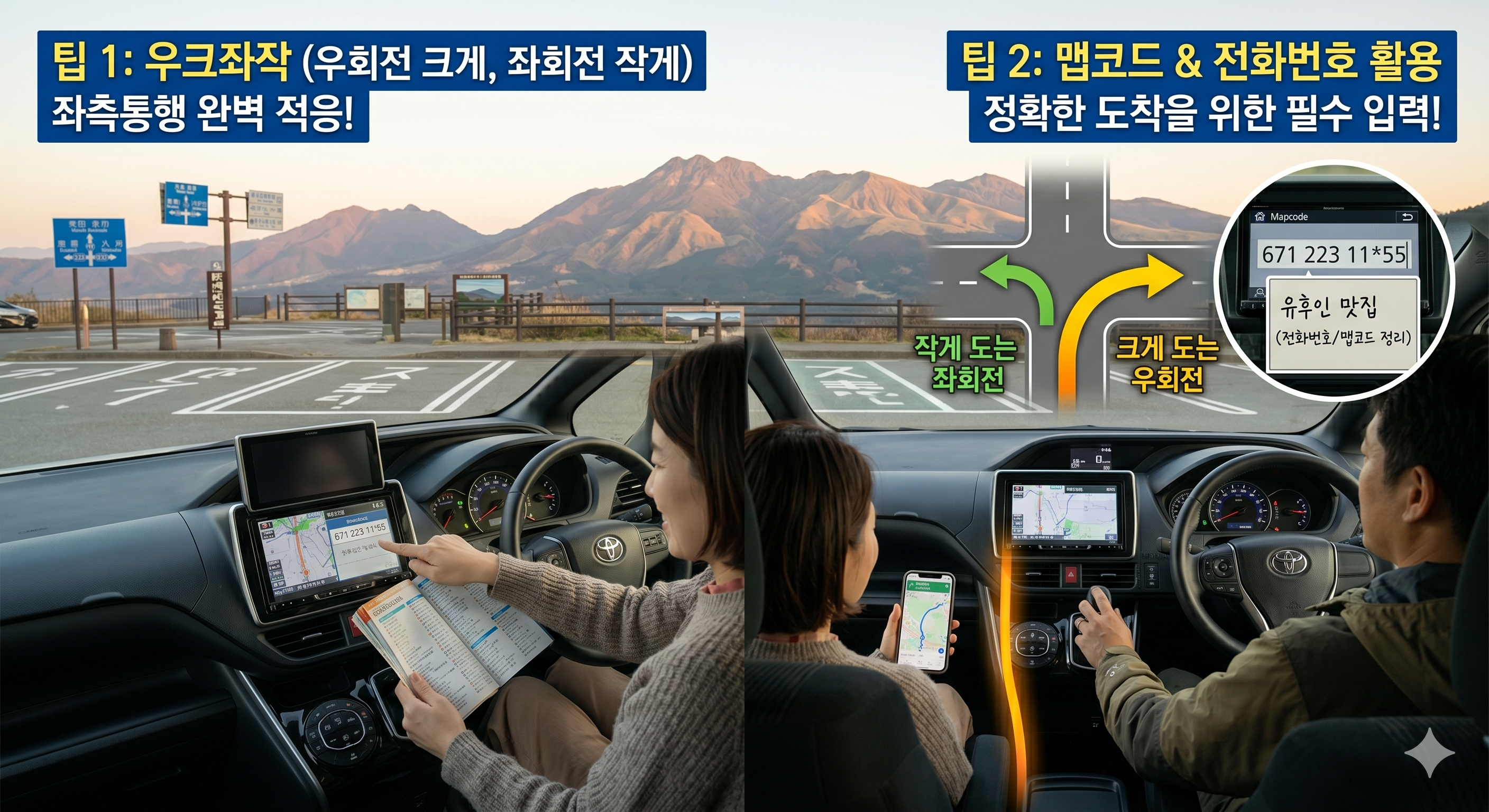 일본 렌터카 운전 팁인 좌측통행 '우크좌작' 원리와 내비게이션 맵코드 입력 방법을 설명하는 가이드 이미지