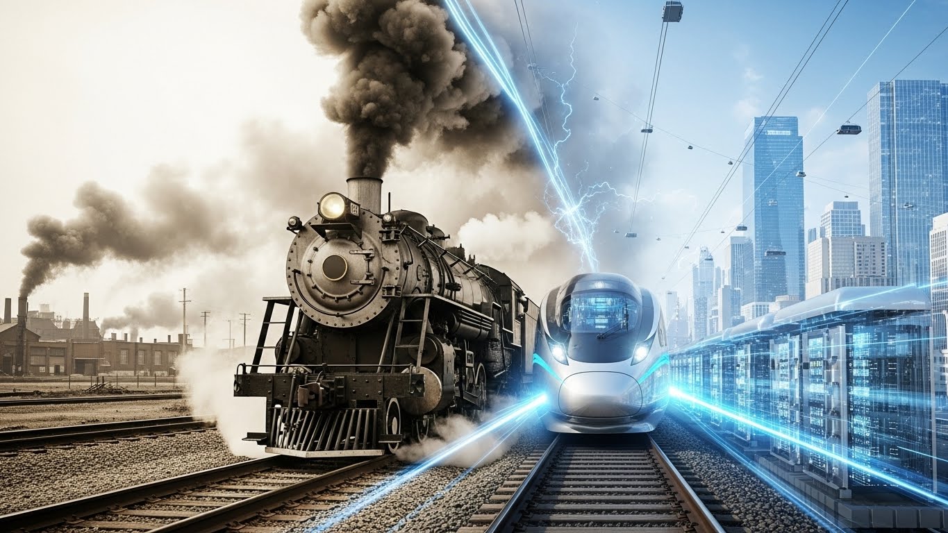 1900년대 증기를 뿜는 기차와 2026년 최첨단 AI 데이터 센터가 오버랩되며 끊임없이 질주하는 모습