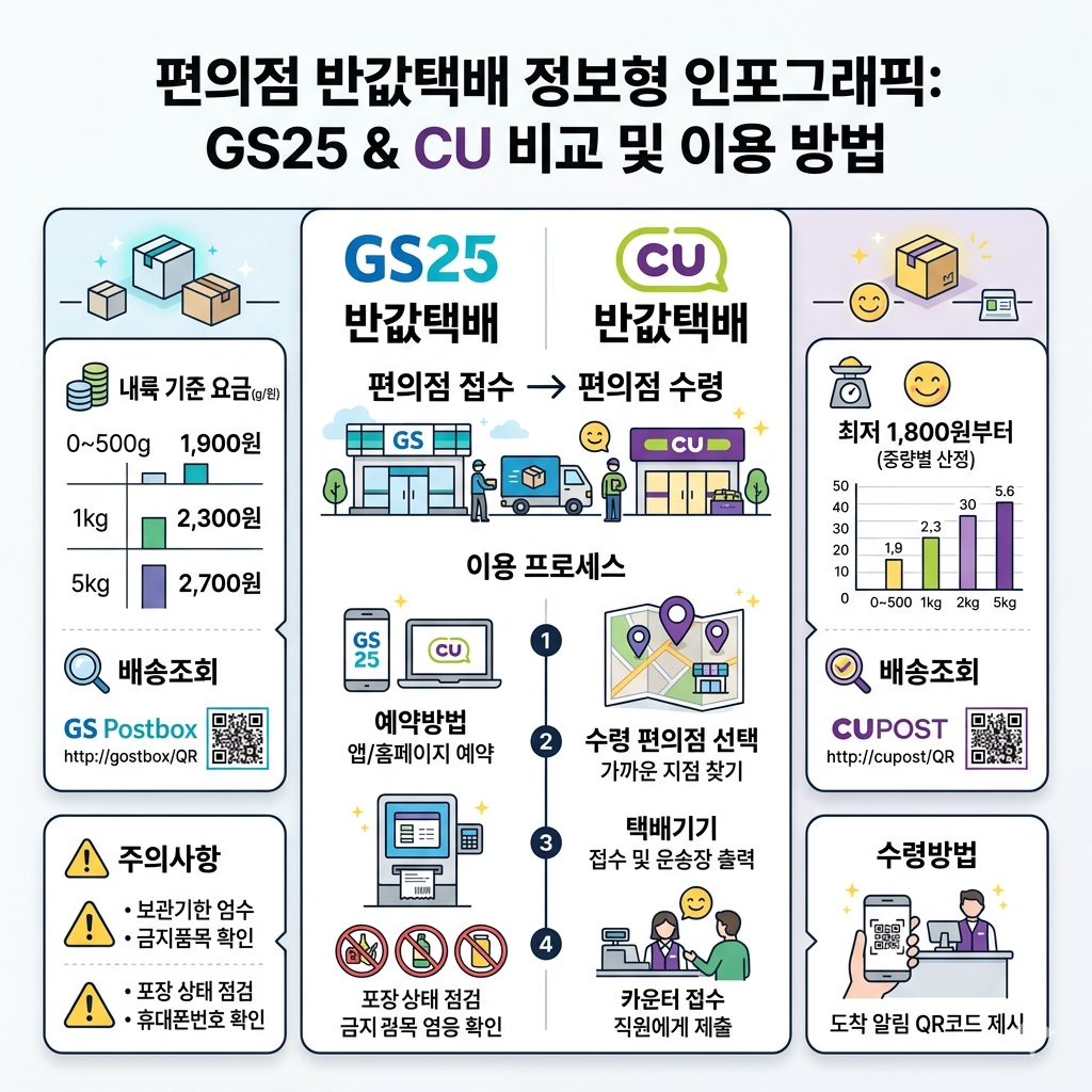 편의점 반값택배 보내는 법 GS25·CU 예약방법·요금·배송조회·수령방법 인포그래픽