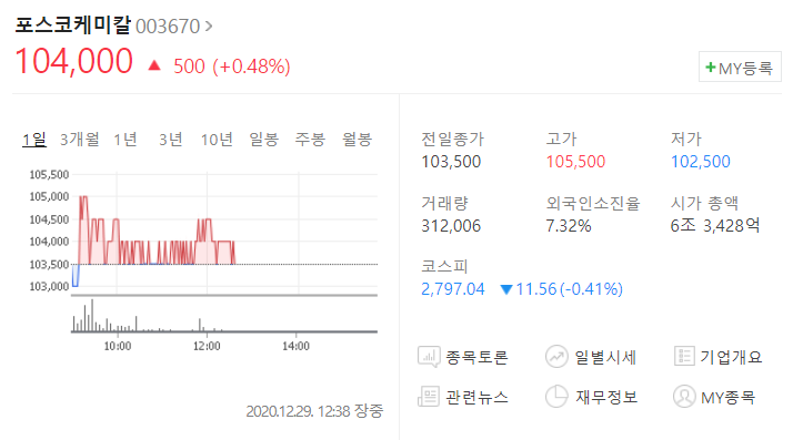 2차전지 대장주 포스코케미칼 (출처 : 네이버 증권)