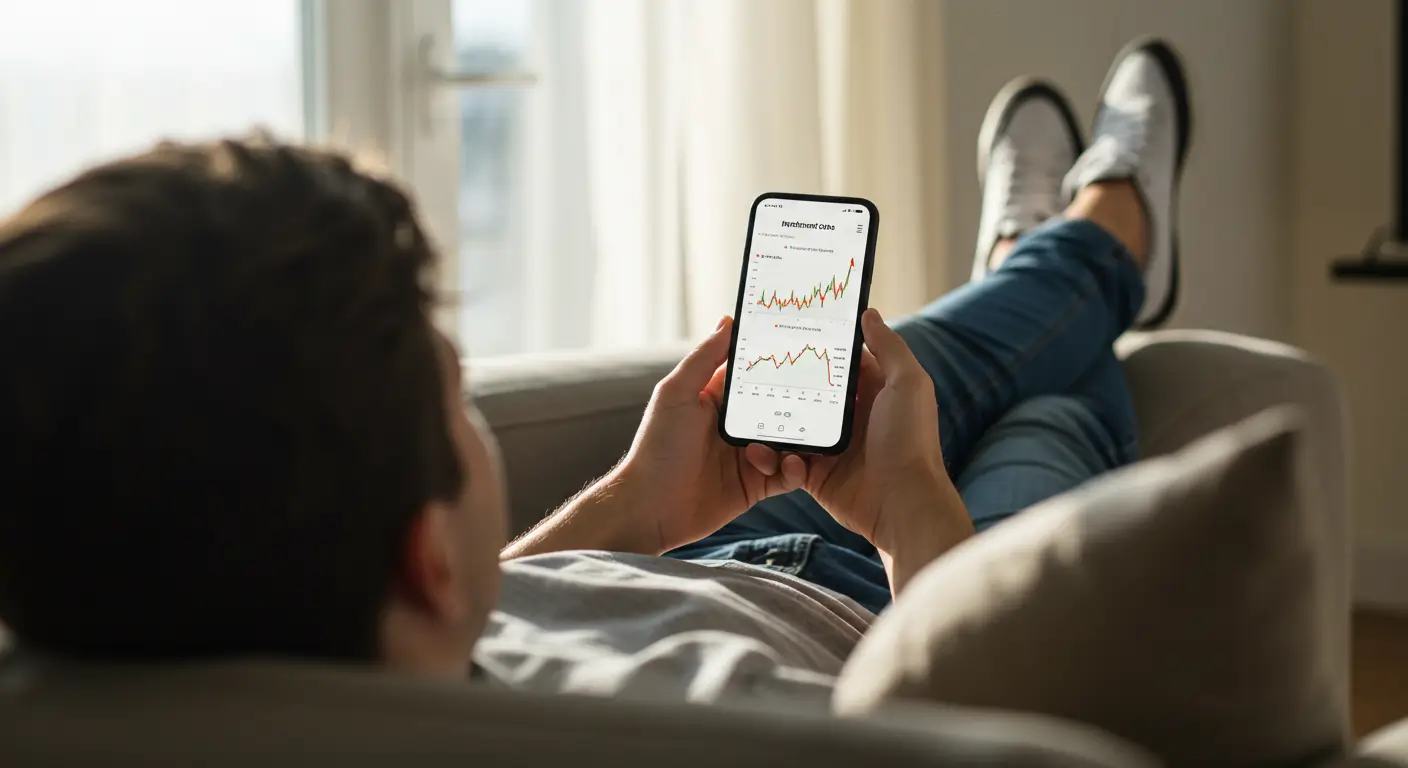 젊은 투자자가 소파에 앉아 스마트폰으로 자신의 장기 투자 포트폴리오를 확인하고 있다