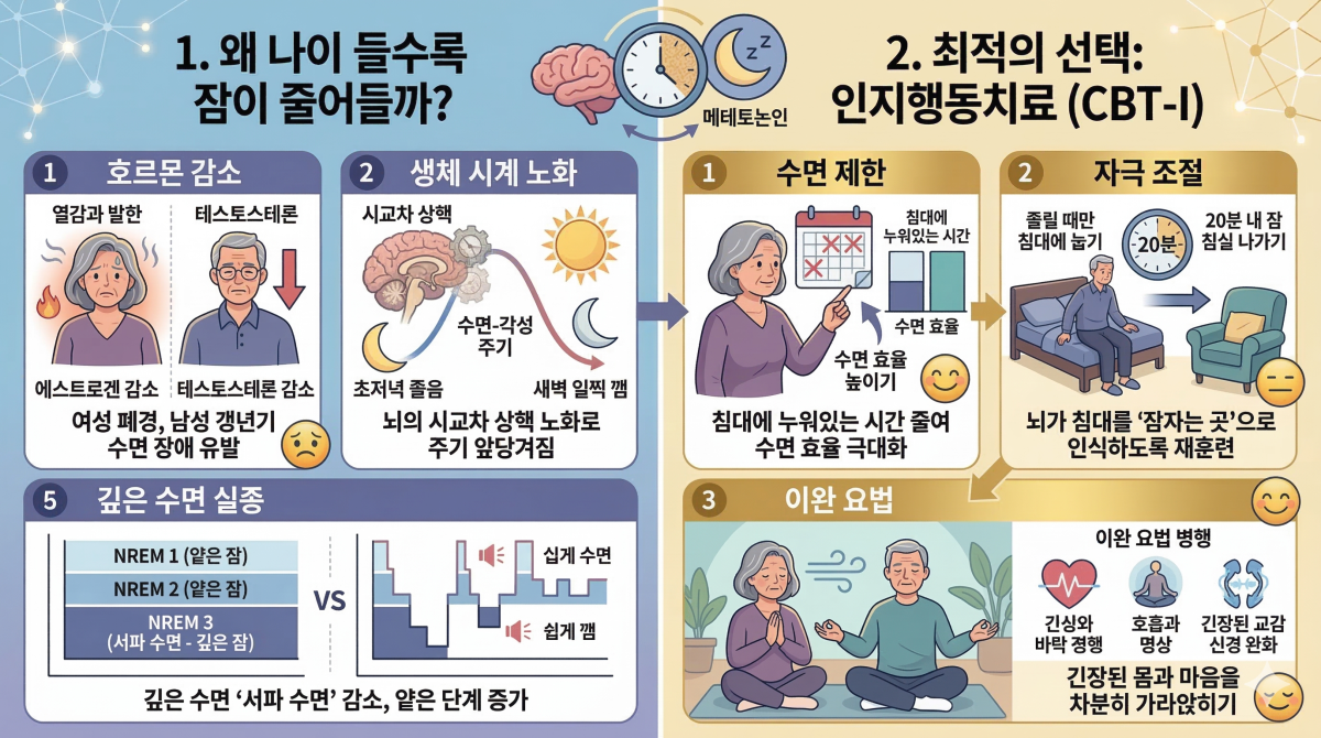 잠이 줄어드는 원인과 치료법 원리를 설명하는 인포그래픽