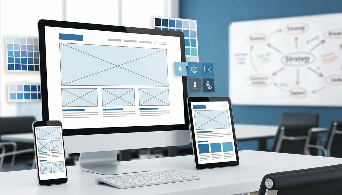 전문 웹 에이전시 사무실의 데스크톱 모니터, 태블릿, 스마트폰 화면에 각각 반응형 웹사이트의 와이어프레임과 UI 디자인 요소가 표시되어 있는 모습