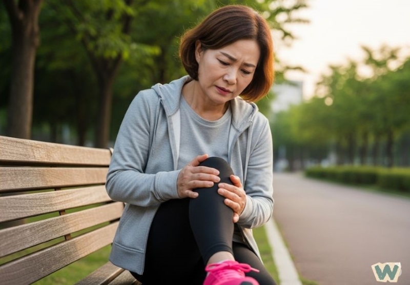 공원 벤치에 앉아 무릎 통증을 느끼는 중년 여성 via canva