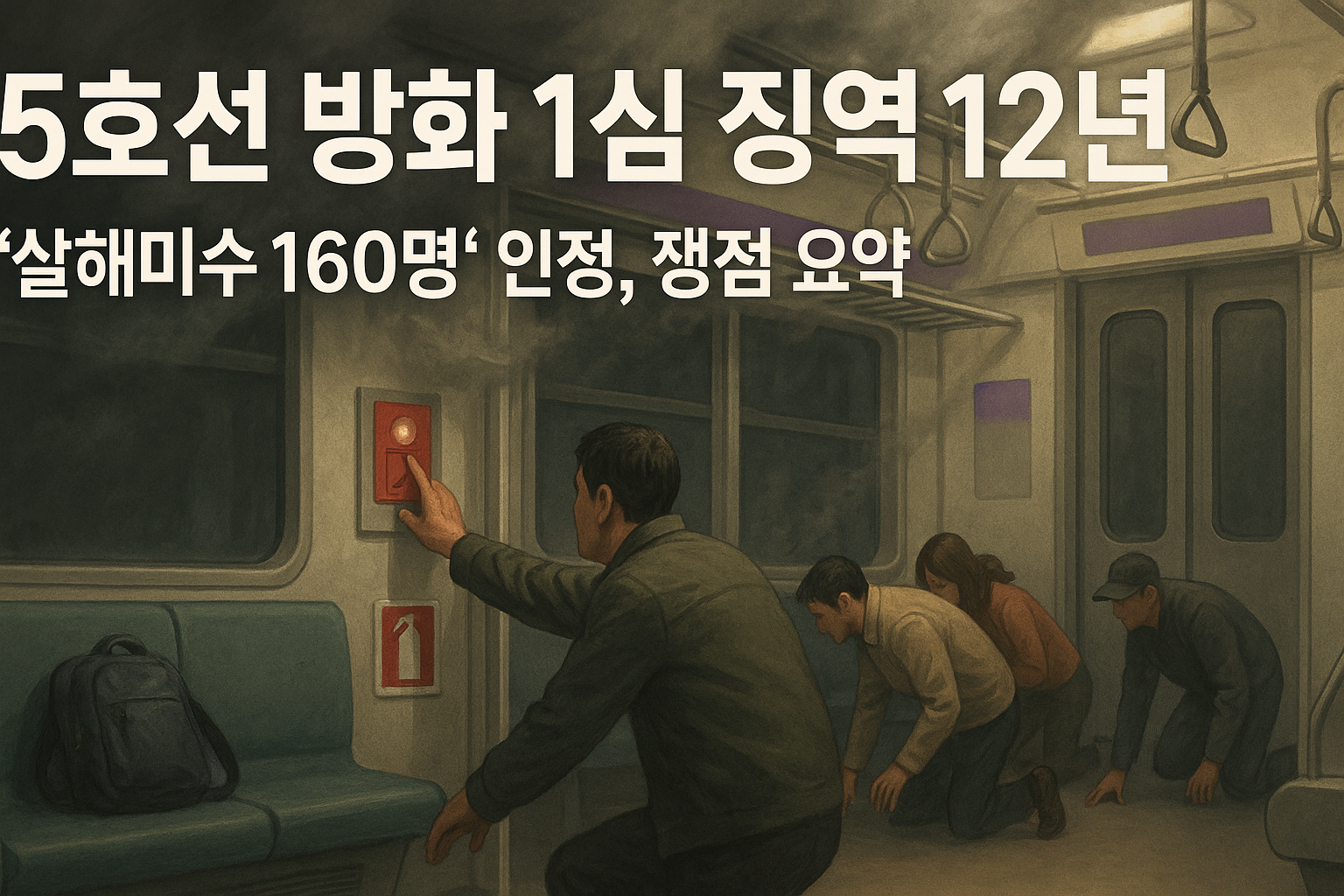연기 낀 지하철 객실, 승객들이 낮게 문쪽으로 대피하고 한 승객이 비상 인터폰을 누르는 장면. (실제 상황과 상관없는 예시 이미지입니다.)