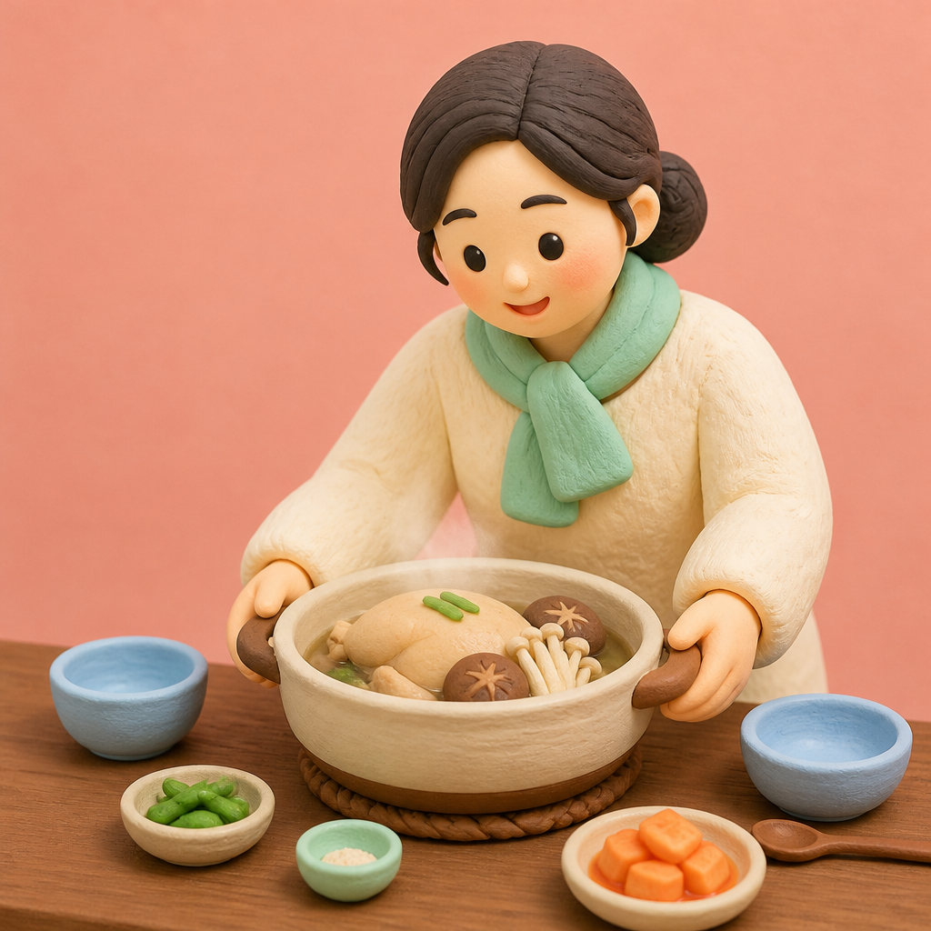 김이 오르는 능이백숙 냄비를 식탁에 올리는 성글이