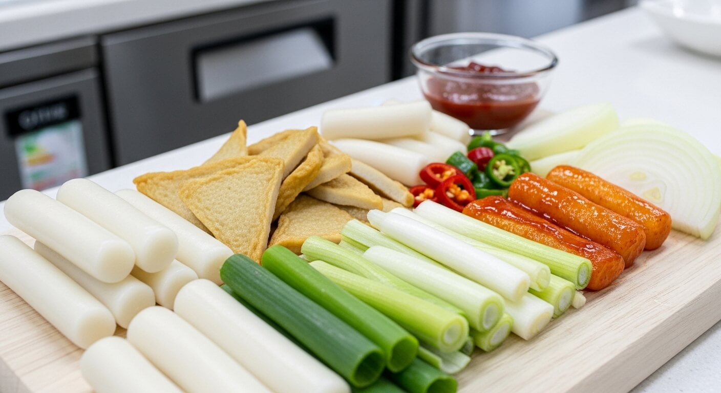 도마 위에 깔끔하게 손질된 떡, 어묵, 대파, 양파 등 신선한 떡볶이 재료들.