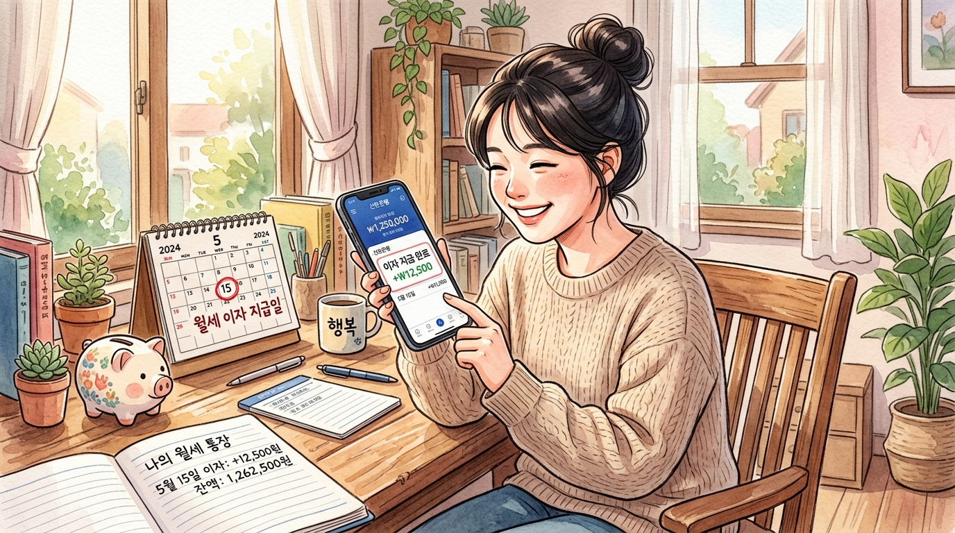 하루만 맡겨도 이자가 붙는 CMA나 파킹통장에 여유돈을 넣어 두어 매달 이자를 월세처럼 받아 기뻐하는 모습.