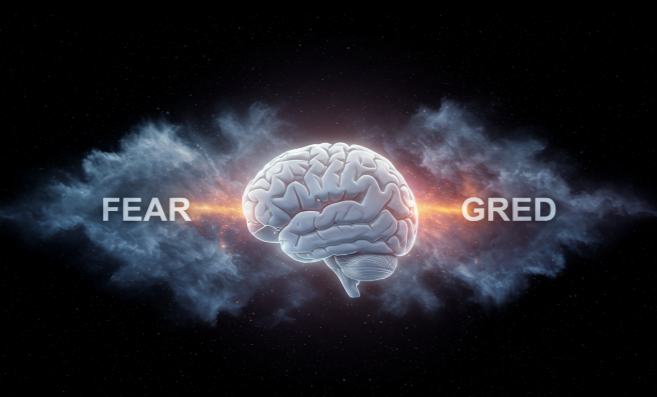 A glowing, serene brain floating in space, with chaotic, stormy clouds of 'fear' and 'greed' swirling around it but not penetrating it, representing mental fortitude against emotional trading. The style is abstract and conceptual.