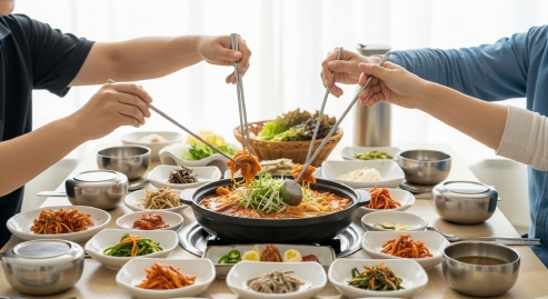 공용 식기를 쓰는 식탁 장면
