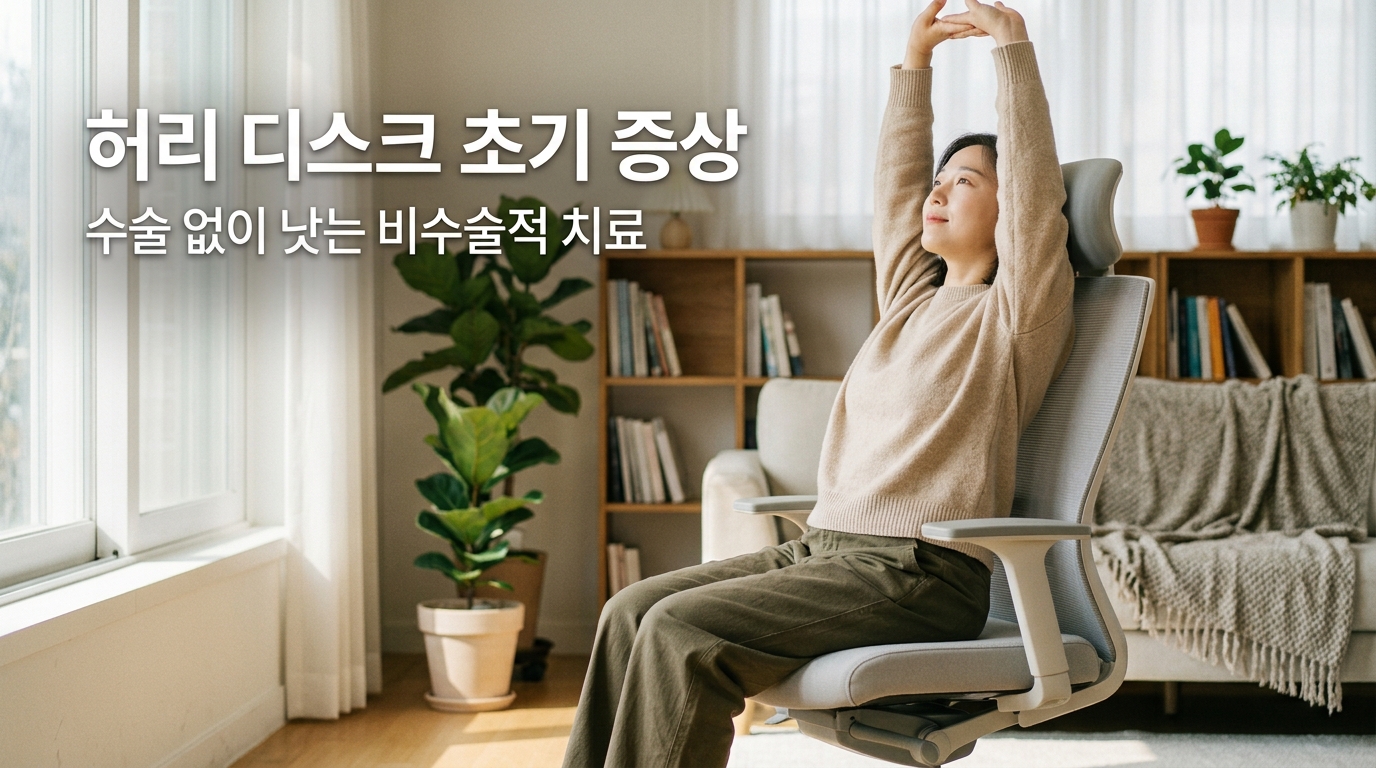 밝고 아늑한 실내에서 편안한 자세로 허리를 곧게 펴고 앉아 있는 모습. '허리 디스크 초기 증상', '수술 없이 낫는 비수술적 치료'라는 문구가 적혀 있어, 조기 발견과 비수술 치료의 중요성을 시각화함.