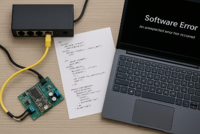 소프트웨어 오류 메시지가 표시된 노트북과 네트워크 모듈, 회로 기판, 코드가 인쇄된 종이가 함께 놓인 장