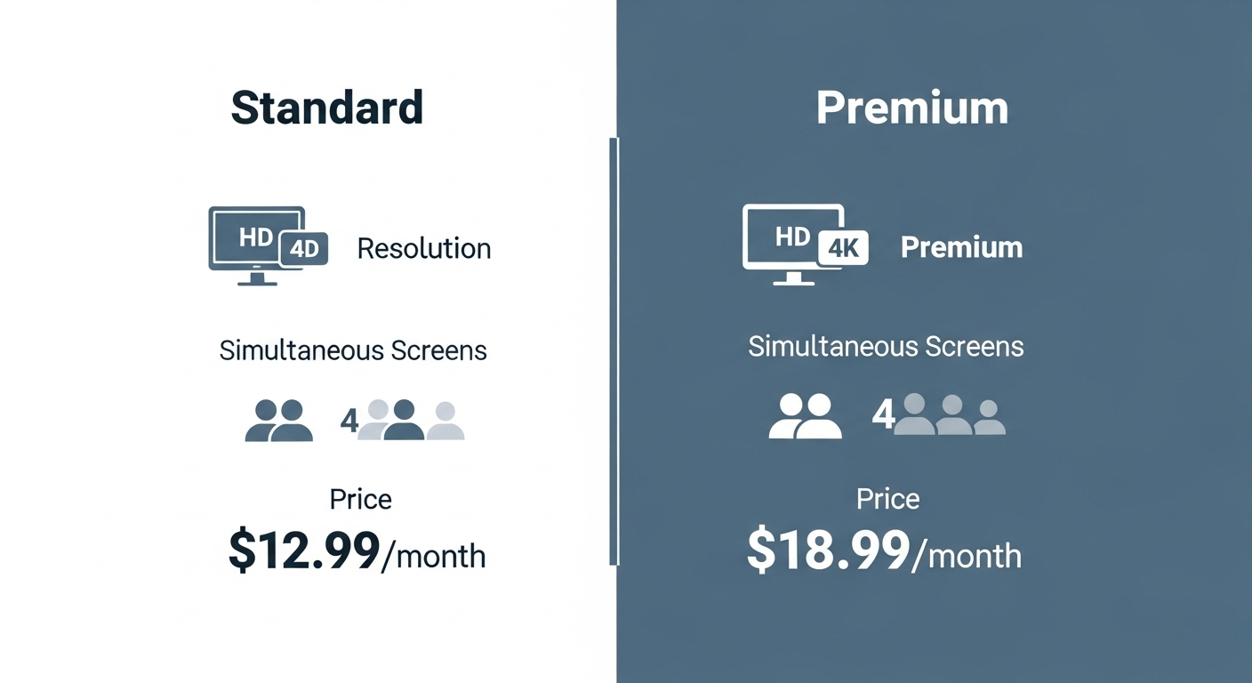 디즈니플러스 스탠다드 요금제와 프리미엄 요금제의 화질, 동시 시청 인원, 가격 등 주요 특징을 시각적으로 비교하는 인포그래픽.