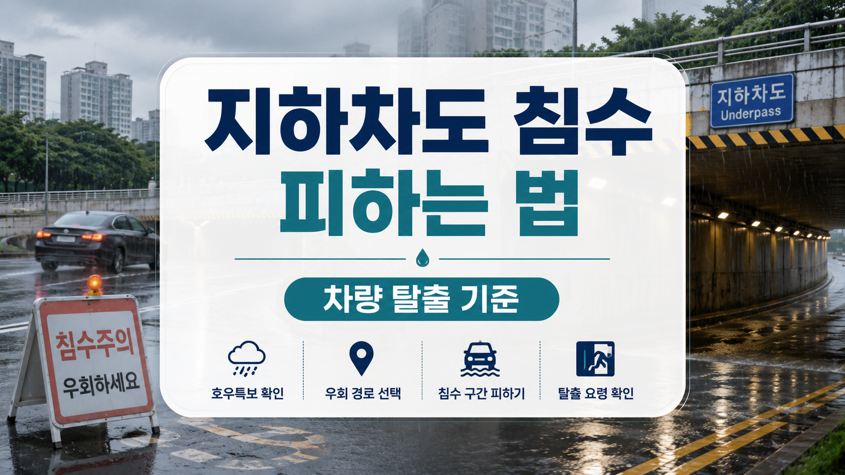 지하차도 침수 피하는 법과 호우특보 때 차량 탈출 기준을 안내하는 대표 이미지