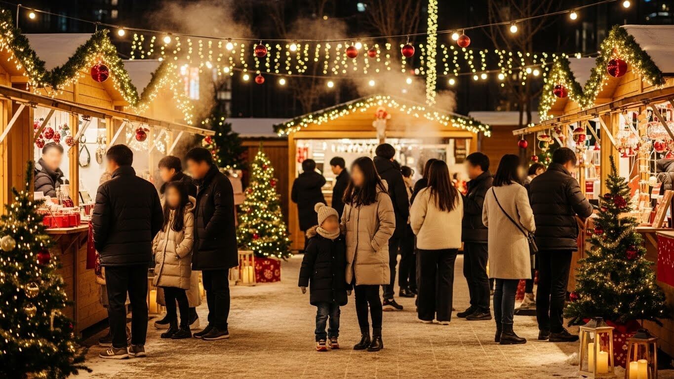 나무 부스와 따뜻한 조명으로 가득한 잠실 크리스마스 마켓에서 사람들과 가족들이 먹거리와 굿즈를 둘러보는 겨울 풍경