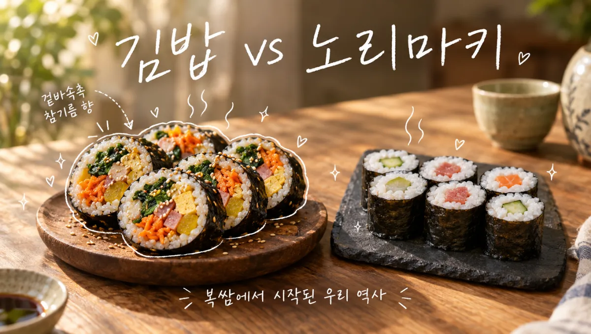 한국 전통 김밥과 일본 노리마키의 차이와 유래를 비교하는 음식 사진
