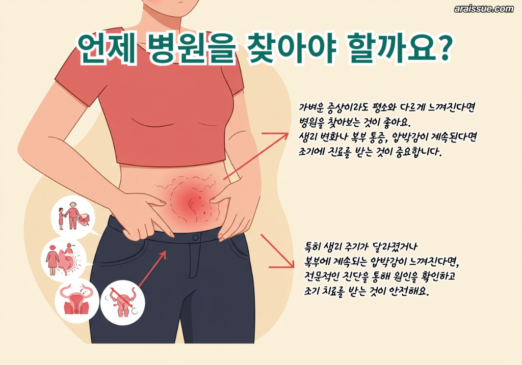 복부 통증과 생리 불규칙이 지속될 때 병원을 찾아야 하는 중요성, 초기 진료 필요성 설명