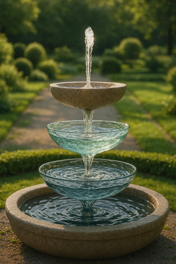 햇빛 아래 윗그릇에 먼저 고이는 분수의 재정 우선순위 시각화