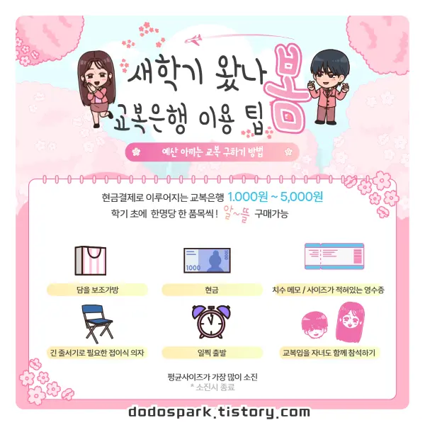 새학기 예산아껴 교복 물려받는 행사인 교복은행 이용방법과 준비물과 여학생과 남학생