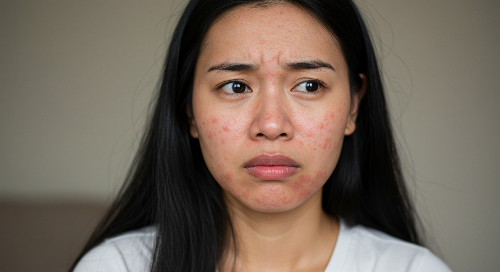 화장품 때문에 얼굴에 발진이 난 여성