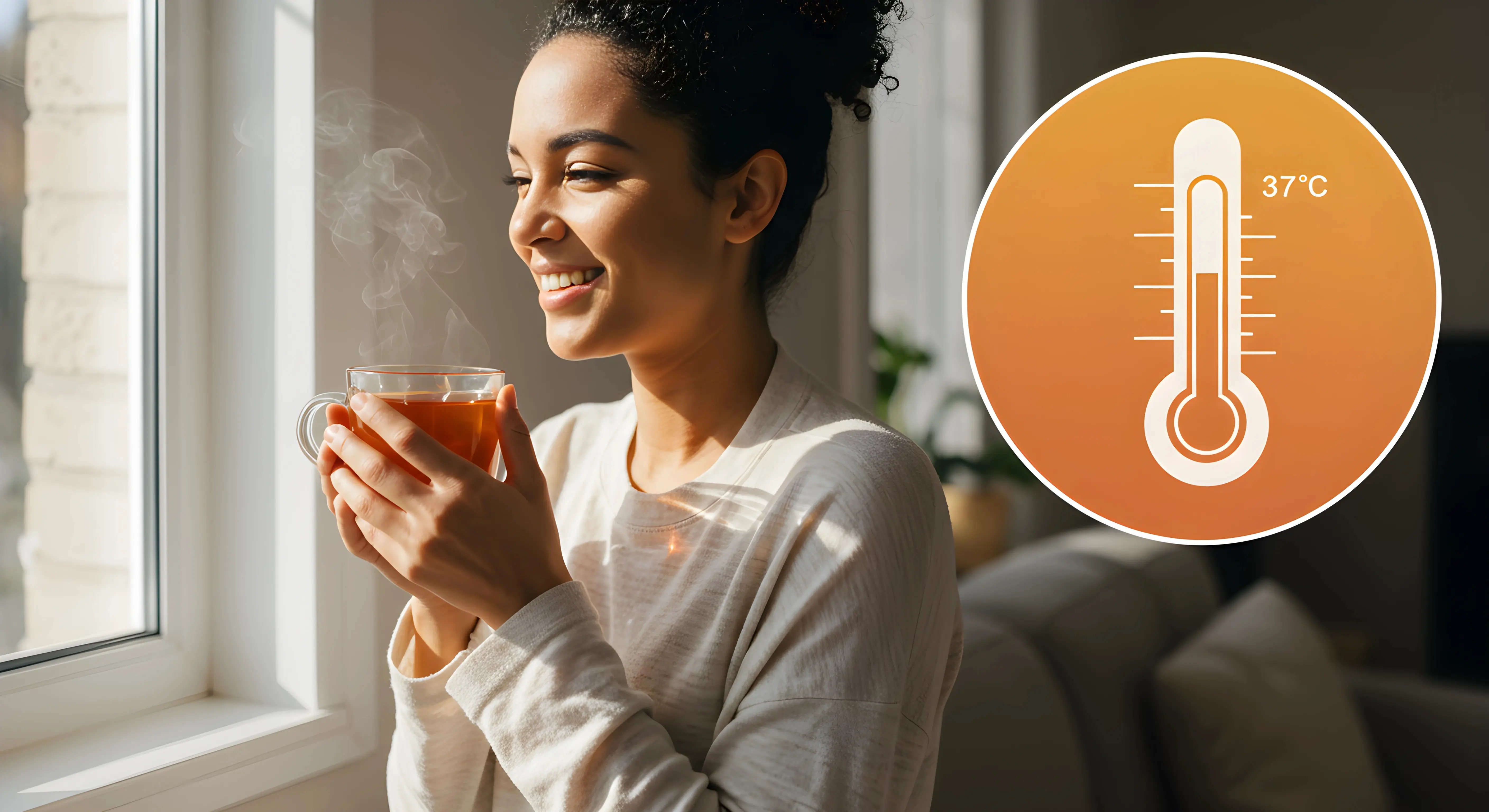 창가에서 따뜻한 차를 마시며 행복하게 미소 짓는 여성, 옆에는 37°C를 가리키는 온도계 그래픽이 있어 이상적인 체온의 중요성을 강조