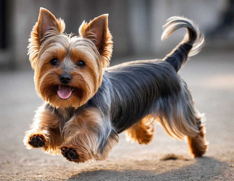 강아지 요크셔테리어 한 마리가 혀를 내밀고 뛰어 오는 모습