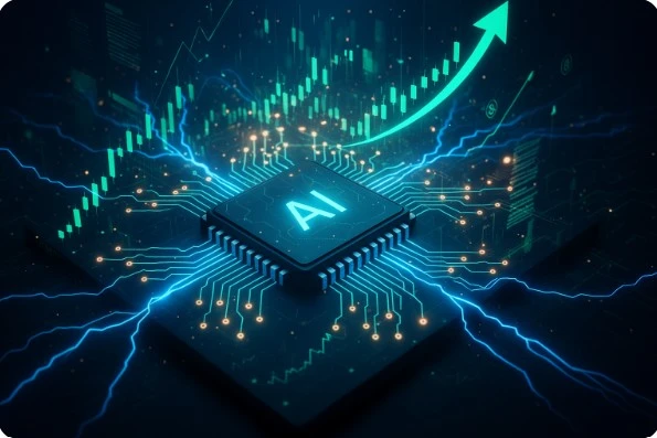 AI 칩에서 번개처럼 회로가 퍼지고 상승 그래프가 나타나는 미래 기술 이미지