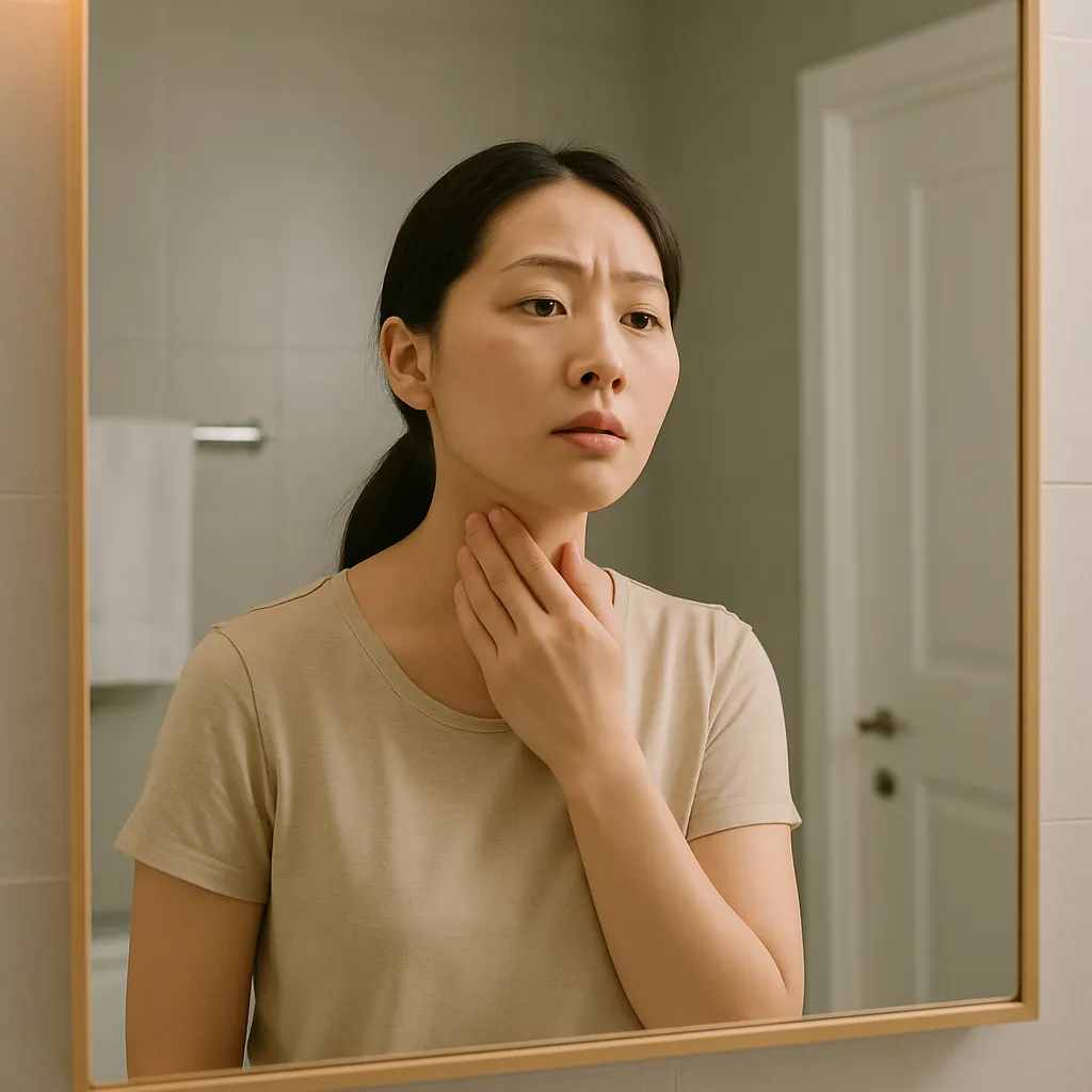 거울 앞에서 목 상태를 살펴보는 여성