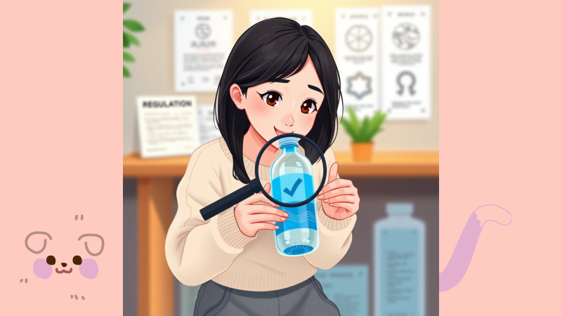 먹는샘물 기준을 꼼꼼하게 확인하는 캐릭터 일러스트