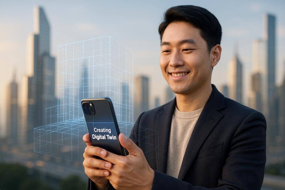 AI가 공간을 인식하고 현실을 디지털로 재현하는 미래를 상징하는 장면