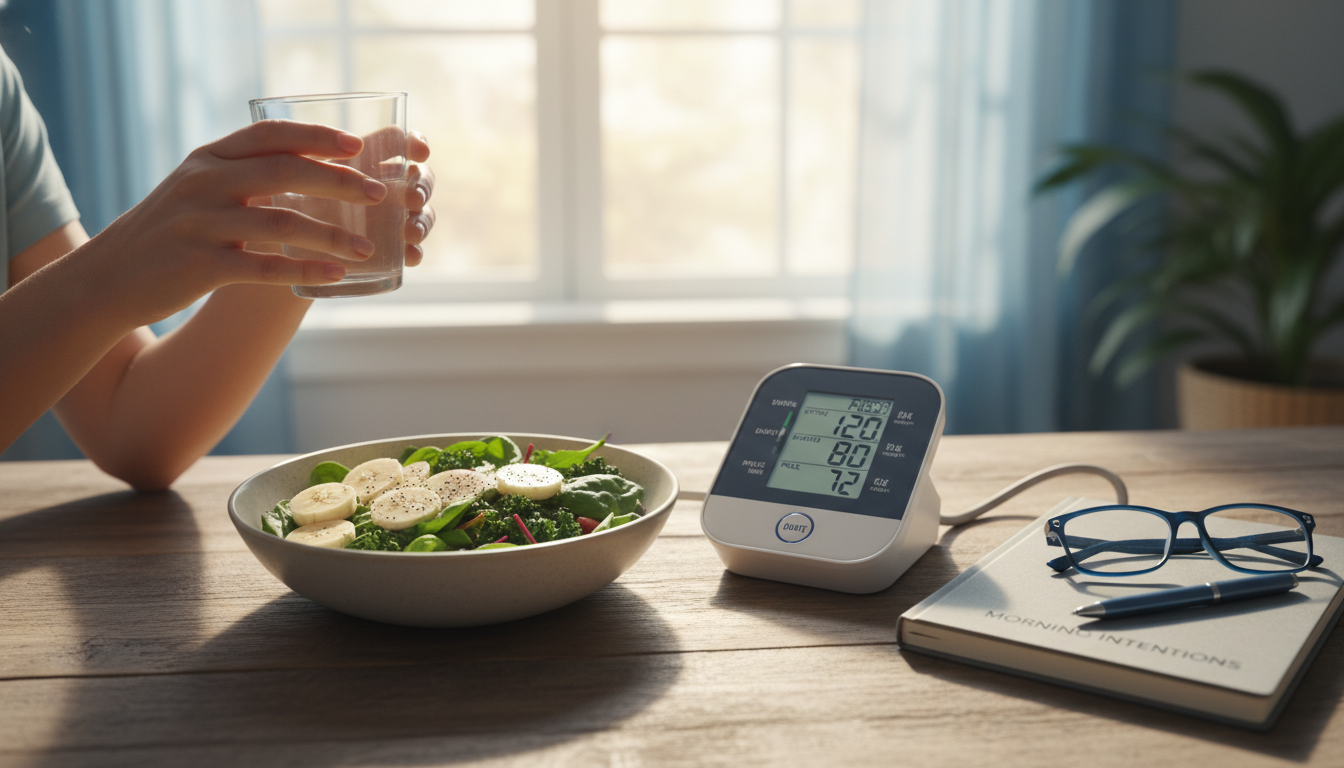건강한 아침 식단과 물 한 잔, 혈압계가 놓인 평화로운 테이블의 모습