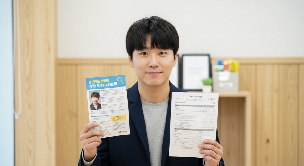 한 손에 전단지&amp;#44; 다른 손에 서류를 든 젊은 남성