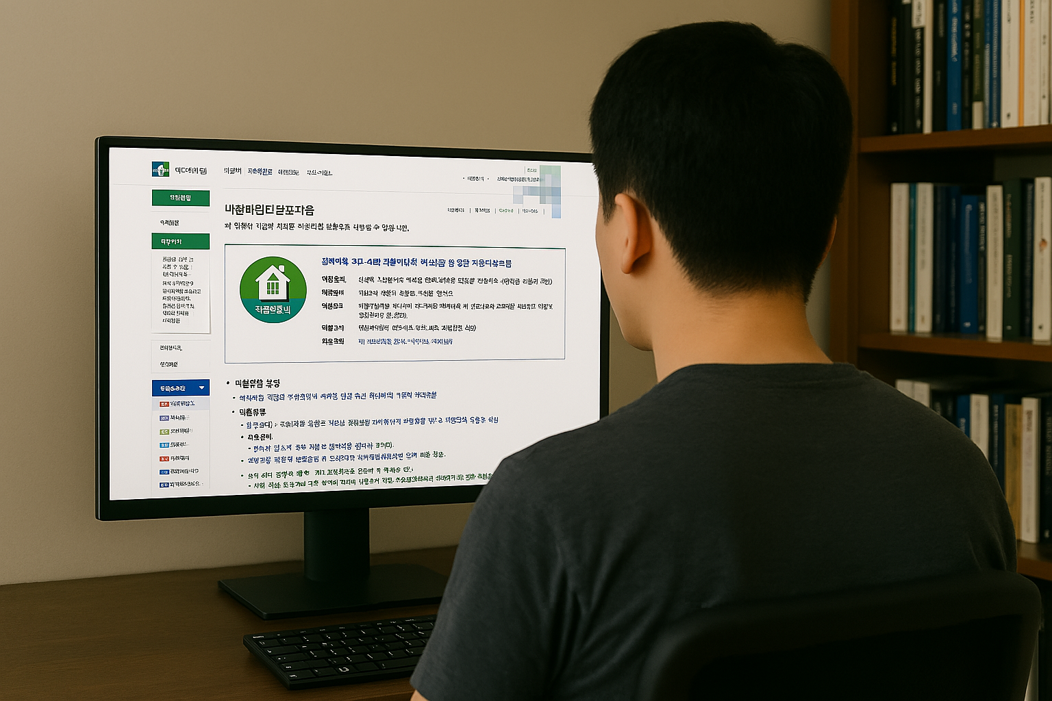 힐스테이트 용인마크밸리 신혼부부 특별공급과 생애최초 디딤돌대출 정보를 컴퓨터로 조사 중인 남성의 뒷모습