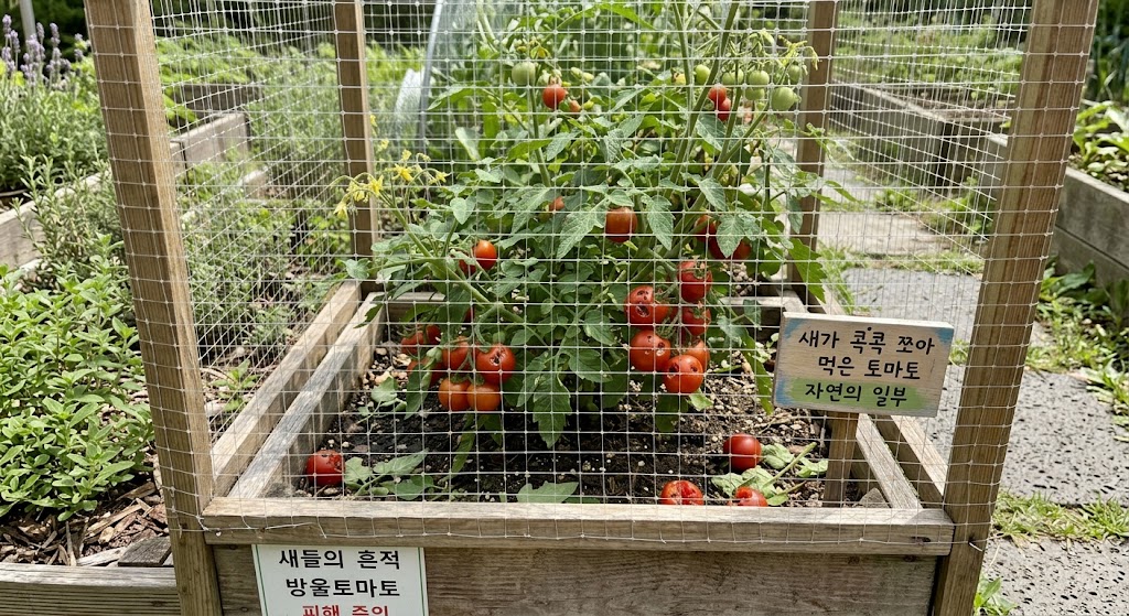 나무 플랜트 화분 위에 지주대를 세우고 사방 1.5cm 크기의 격자형 그물망을 꼼꼼하게 씌워놓은 방울토마토 재배 환경