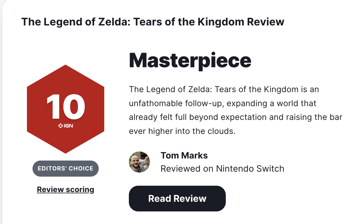 젤다의 전설: 왕국의 눈물, IGN 리뷰