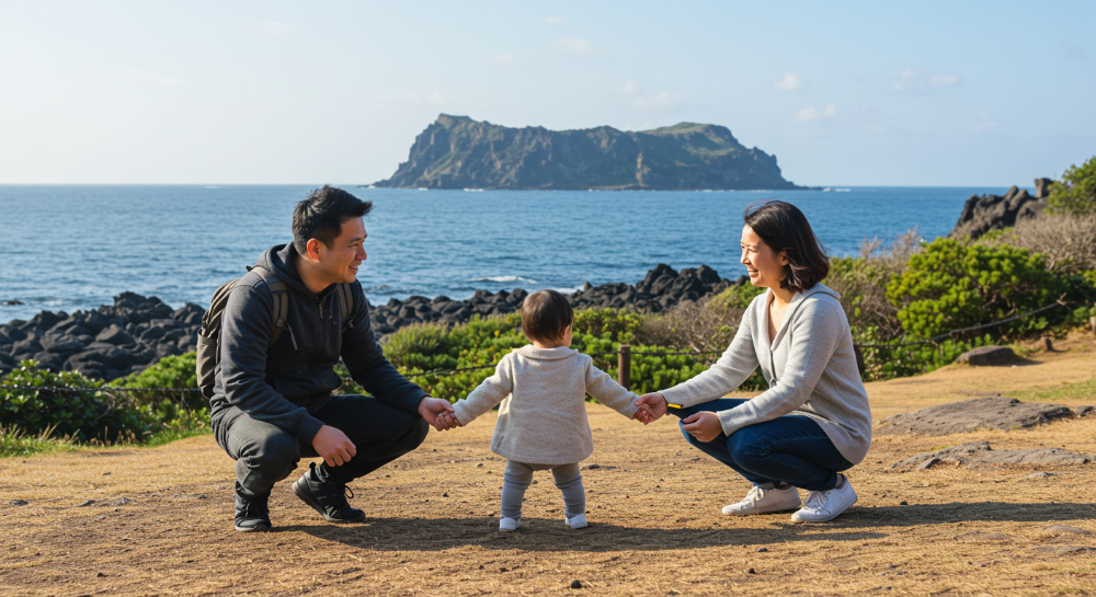아이와 함께 제주도에서 행복한 시간을 보내는 가족