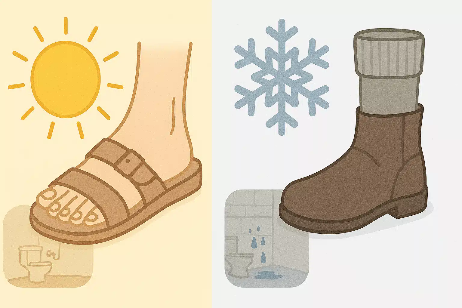 여름철 고온다습한 날씨 속 샌들을 신은 발, 겨울철 두꺼운 양말과 부츠를 신은 발을 나란히 비교