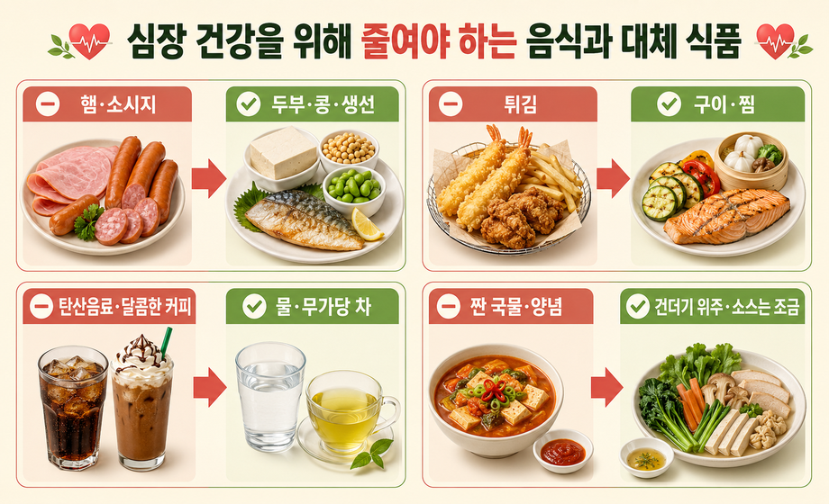 심장 건강을 위한 음식 선택 비교, 햄 소시지 튀김 탄산음료 짠 국물 대신 두부 콩 생선 구이 찜 물 무가당 차 추천