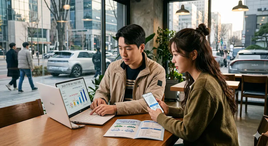 차분한 분위기의 카페에서 젊은 남녀 커플이 노트북과 스마트폰 화면을 함께 보며 2026년 무공해차 통합누리집의 지자체별 전기차 보조금 예산 잔여량을 꼼꼼하게 비교 분석하는 장면