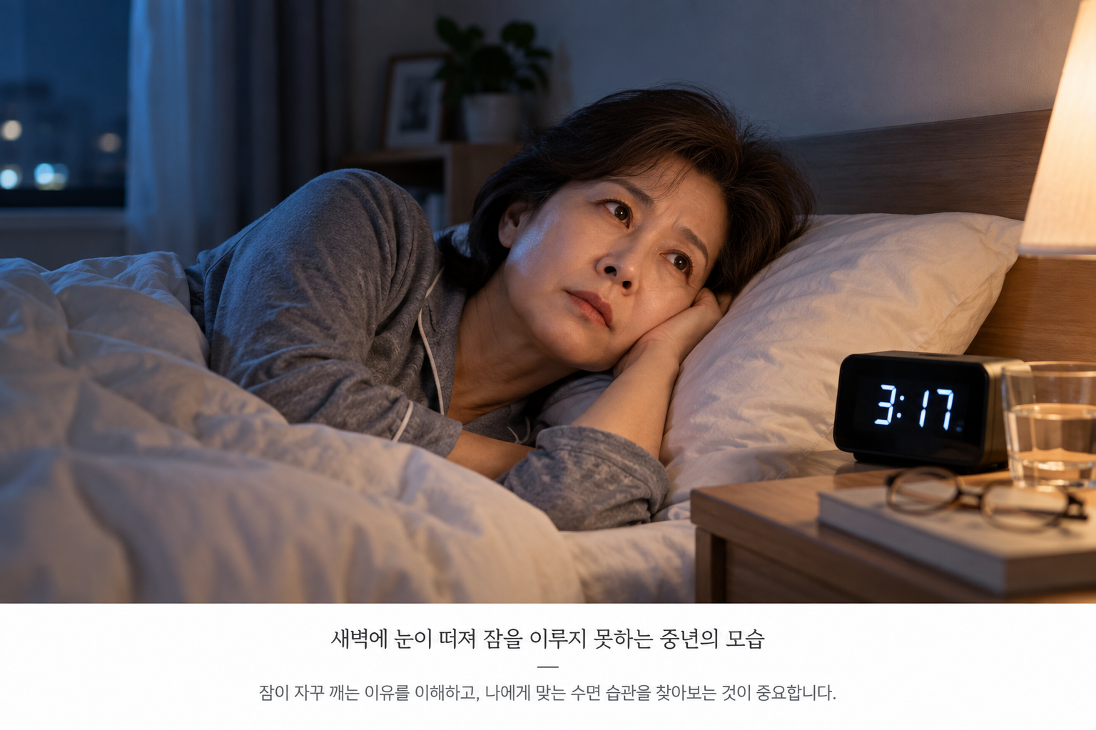 새벽에 잠에서 깨어 다시 잠들지 못하는 중년 여성